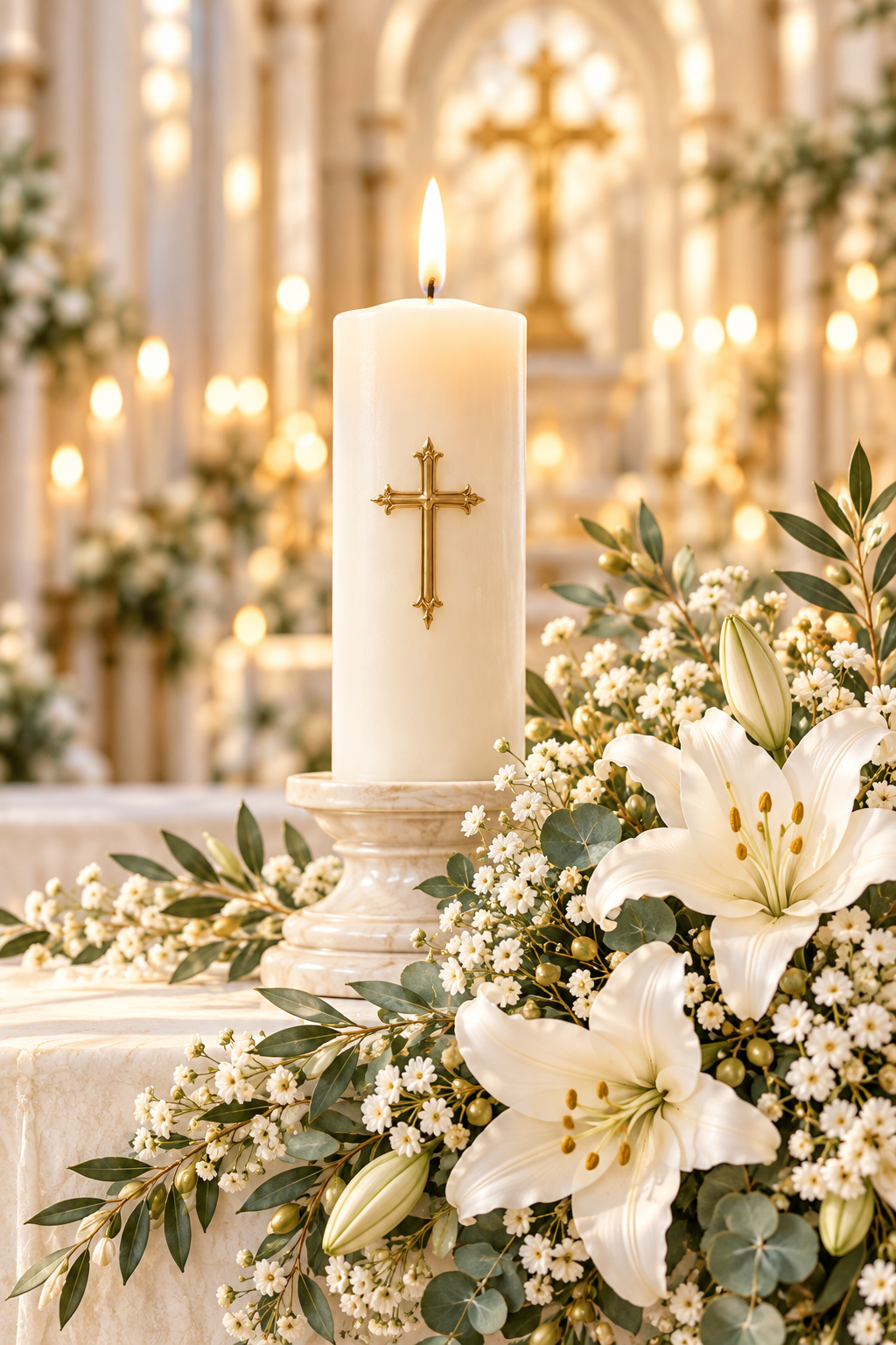 Una vela de bautizo encendida entre flores blancas